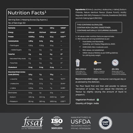 Nutrabay Pro With Electrolytes 7g Vegan Bcaas 1000 Mg Electrolytes - 250g Guava Punch 25 Servings