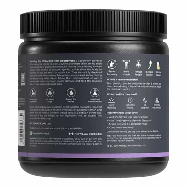 Nutrabay Pro With Electrolytes 7G Vegan Bcaas 1000 Mg Electrolytes - 250G Guava Punch 25 Servings