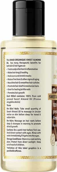 Khadi Organique Sweet Almond Oil 100% Cold Pressed For Hair Skin & Anti-Ageing Face Care 210 Ml