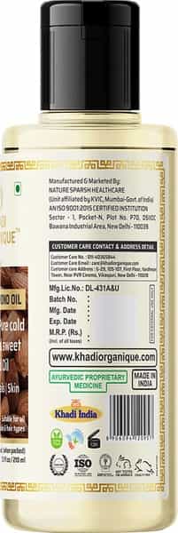 Khadi Organique Sweet Almond Oil 100% Cold Pressed For Hair Skin & Anti-Ageing Face Care 210 Ml