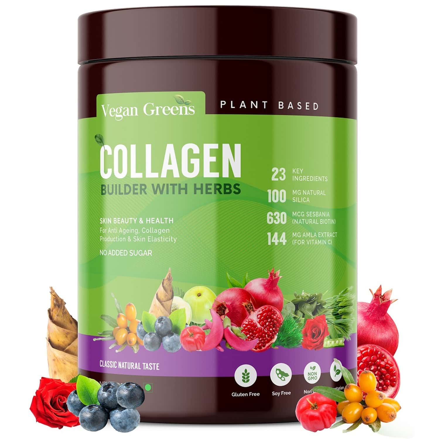 Vegan Greens Natural Collagen Builder 23key Herbs Anti Ageing | Skin Glow &more 250g | Natural Taste