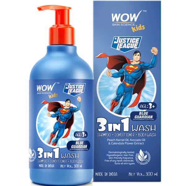 Wow Skin Science Kids 3 In 1 Wash-Shampoo+Conditioner+Bodywash-Blue Guardian Superman Edition 300Ml