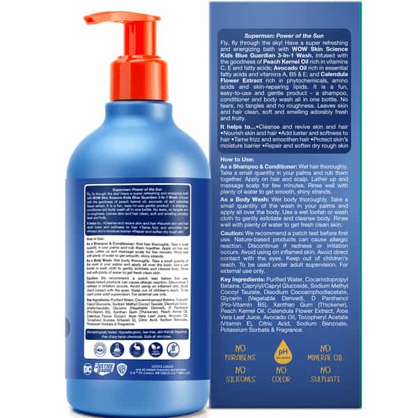 Wow Skin Science Kids 3 In 1 Wash-Shampoo+Conditioner+Bodywash-Blue Guardian Superman Edition 300Ml
