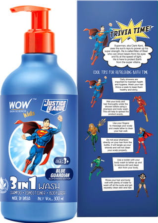 Wow Skin Science Kids 3 In 1 Wash-Shampoo+Conditioner+Bodywash-Blue Guardian Superman Edition 300ml