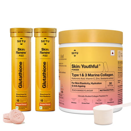 Setu Skin Radiance Combo For Brightening & Glow | 210g Marine Collagen Powder With 30 Fizz Tabs