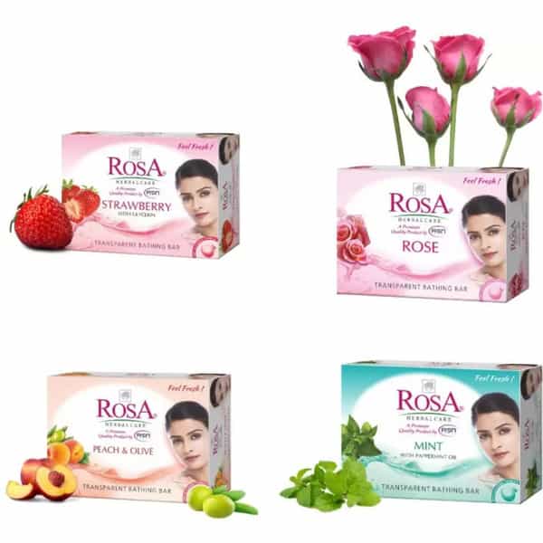 Rosa Transparent Strawberry| Rose| Mint And Peach & Olive Gel Soap | Pack 4 *100G Each
