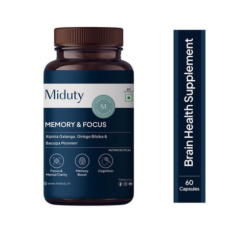 Miduty Memory & Focus - Bacopa Monnieri - Ginkgo Biloba - Brain Health -Caffeine Free - 60 Capsule