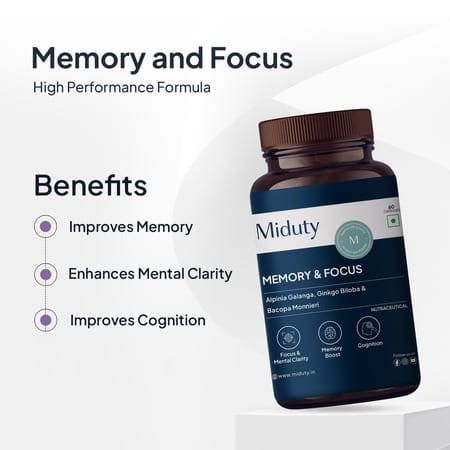 Miduty Memory & Focus - Bacopa Monnieri - Ginkgo Biloba - Brain Health -Caffeine Free - 60 Capsule