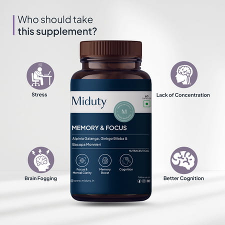Miduty Memory & Focus - Bacopa Monnieri - Ginkgo Biloba - Brain Health -Caffeine Free - 60 Capsule