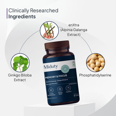 Miduty Memory & Focus - Bacopa Monnieri - Ginkgo Biloba - Brain Health -Caffeine Free - 60 Capsule