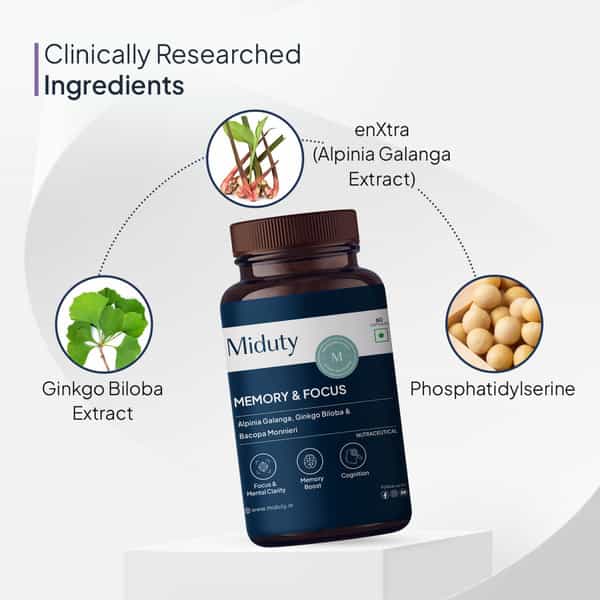 Miduty Memory & Focus - Bacopa Monnieri - Ginkgo Biloba - Brain Health -Caffeine Free - 60 Capsule