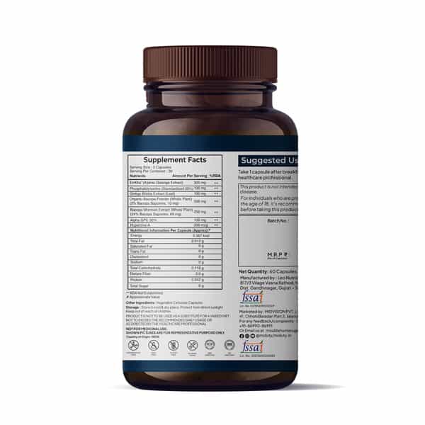 Miduty Memory & Focus - Bacopa Monnieri - Ginkgo Biloba - Brain Health -Caffeine Free - 60 Capsule