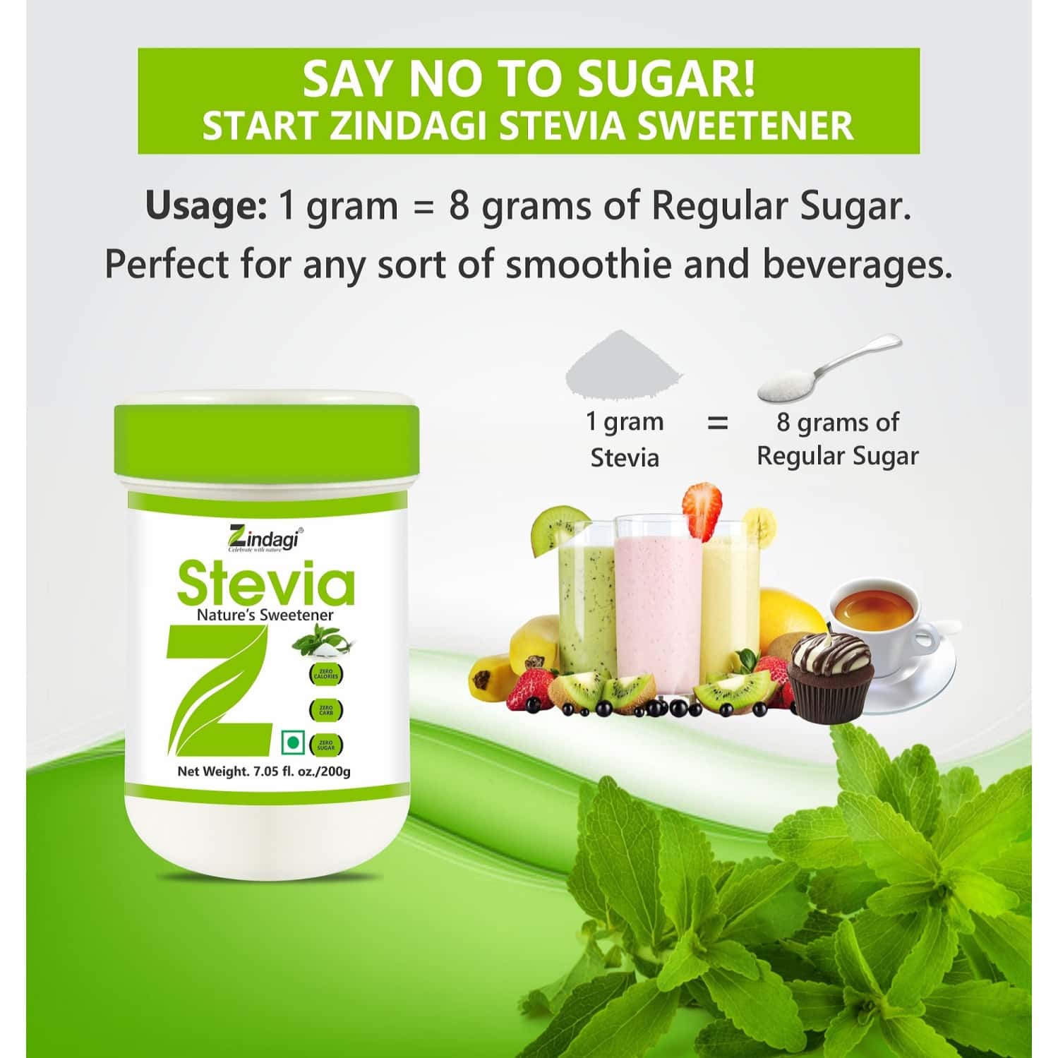 Buy ZINDAGI STEVIA SUGAR FREE POWDER STEVIA NATURAL SUGAR POWDER