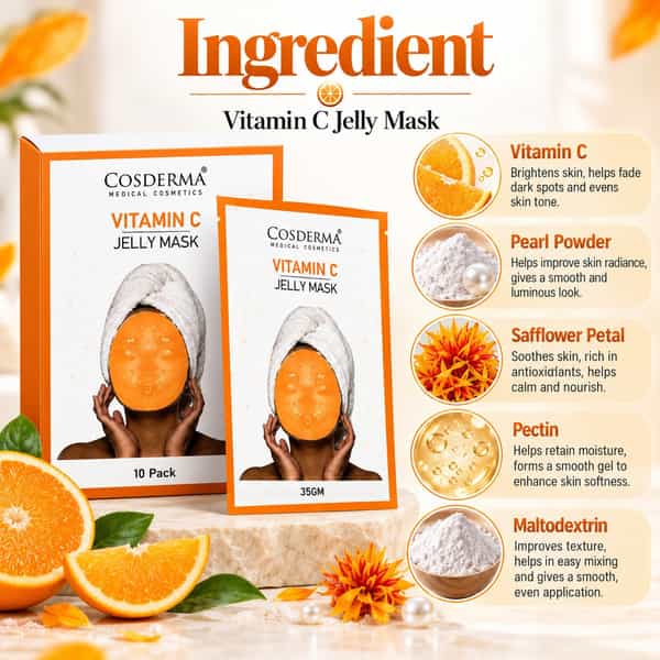 Cosderma Vitamin C Jelly Mask Sheet 35G |Brightening Facial Mask For Glowing Skin Pack Of 10