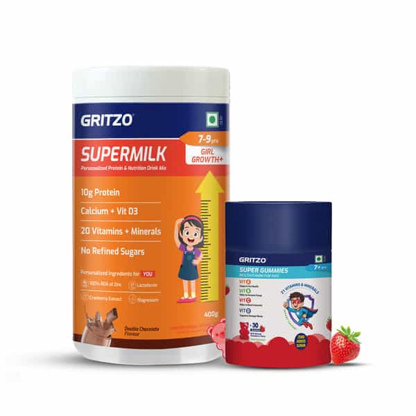 Gritzo Supermilk Growth+ (7-9Y Girls) (Double Chocolate | 400G) With Super Gummies (Strawberry)