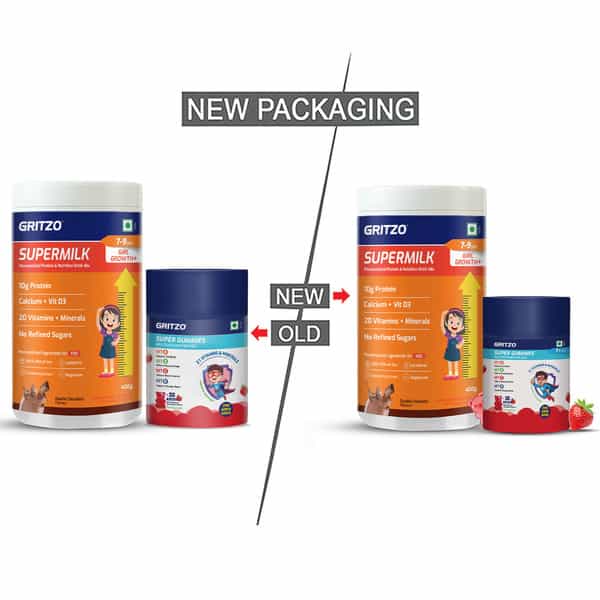 Gritzo Supermilk Growth+ (7-9Y Girls) (Double Chocolate | 400G) With Super Gummies (Strawberry)