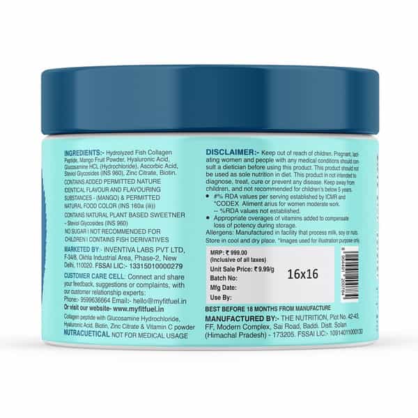 Myfitfuel Hydrolyzed Marine Collagen +Glucosamine | Hyaluronic | Biotin | Vitamin C (100Gm | Mango)