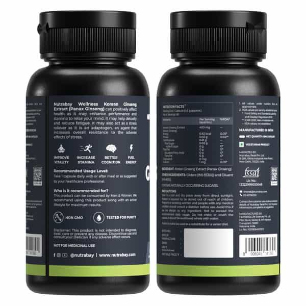 Nutrabay Wellness Korean Ginseng Extract (Panax Ginseng) - 400Mg 60 Veg Capsules