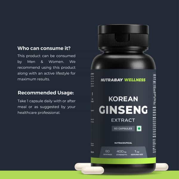 Nutrabay Wellness Korean Ginseng Extract (Panax Ginseng) - 400Mg 60 Veg Capsules