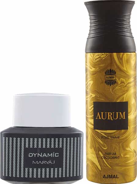 Maryaj Dynamic Edp Spicy Woody Perfume 100Ml For Men And Ajmal Aurum Femme Deodorant 200Ml For Women