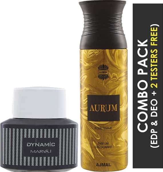 Maryaj Dynamic Edp Spicy Woody Perfume 100Ml For Men And Ajmal Aurum Femme Deodorant 200Ml For Women