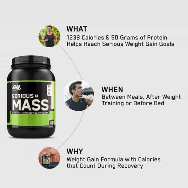 Optimum Nutrition (On) Serious Mass Weight Gain Powder - 3 Lbs 1.36 Kg (Vanilla)