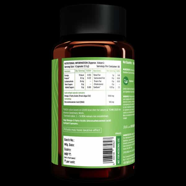 Hk Vitals Vegetarian Omega-3 Supplement (60 Capsules) | 1000Mg With 100Mg Algal Dha