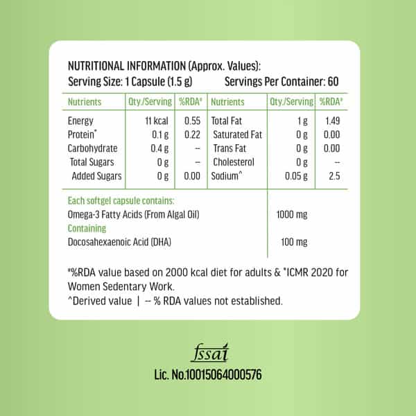 Hk Vitals Vegetarian Omega-3 Supplement (60 Capsules) | 1000Mg With 100Mg Algal Dha
