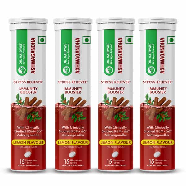 Dr. Vaidya's Ashwagandha Effervescent Tablets | Ksm- 66 Ashwagandha | 15N (Pack Of 4) (Lemon)