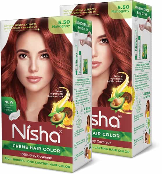 Nisha Creme Hair Color 5.50 Mahogany 120G Pack Of 2 Ammonia Free Permanent Hair Colour For Women Men