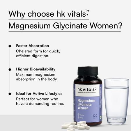 Hk Vitals Magnesium Glycinate Women (1682mg) | 120 Tablets | Helps In Cramps