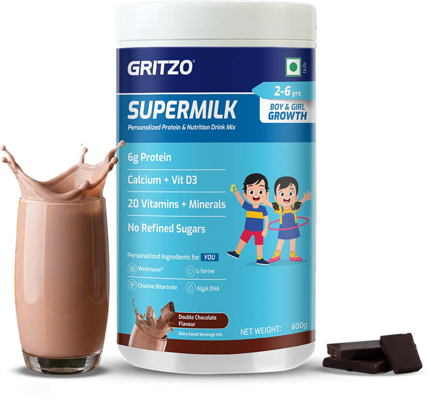 Gritzo Supermilk Growth (2-6y Boy & Girl) | 6g Protein Powder (double Chocolate | 400g)