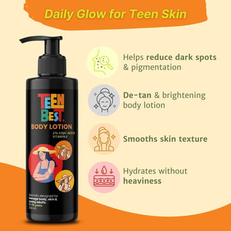 Healthbest Teens Body Lotion With Kojic Acid & Vitamin E - 200ml For Boys & Girls Ages 13-19