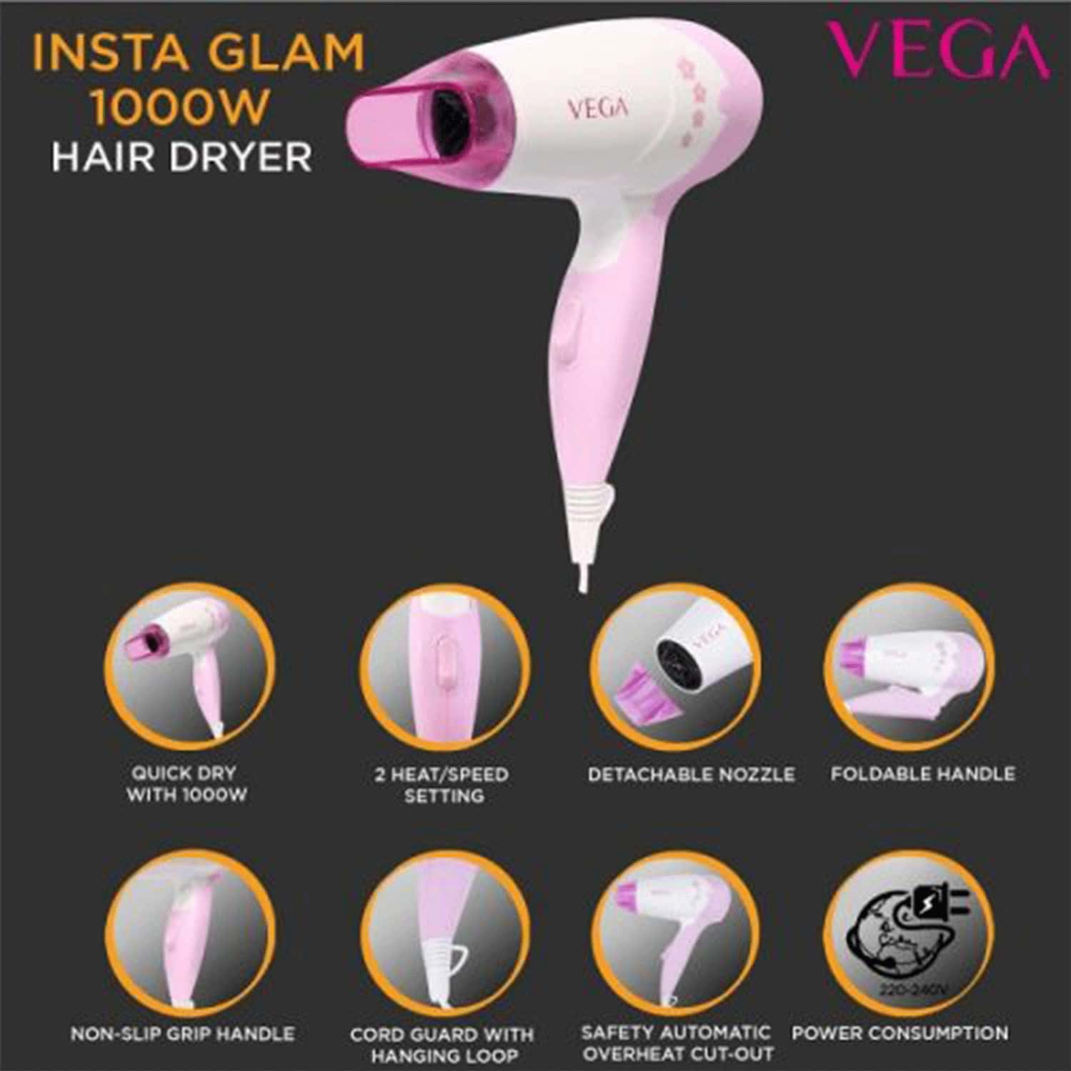 Vega Insta Glam 1000 Hair Dryer - Vhdh-20