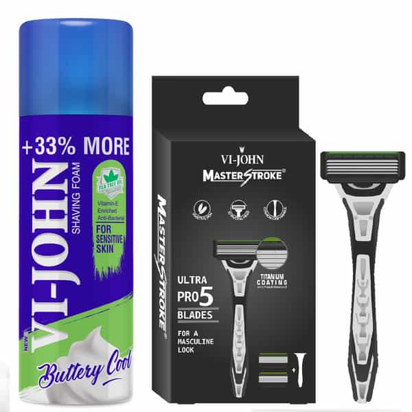 Vi-John Combo Pack Of Master Stroke 5 Blade Razor & Sensitive Skin Type Shaving Foam 400Ml