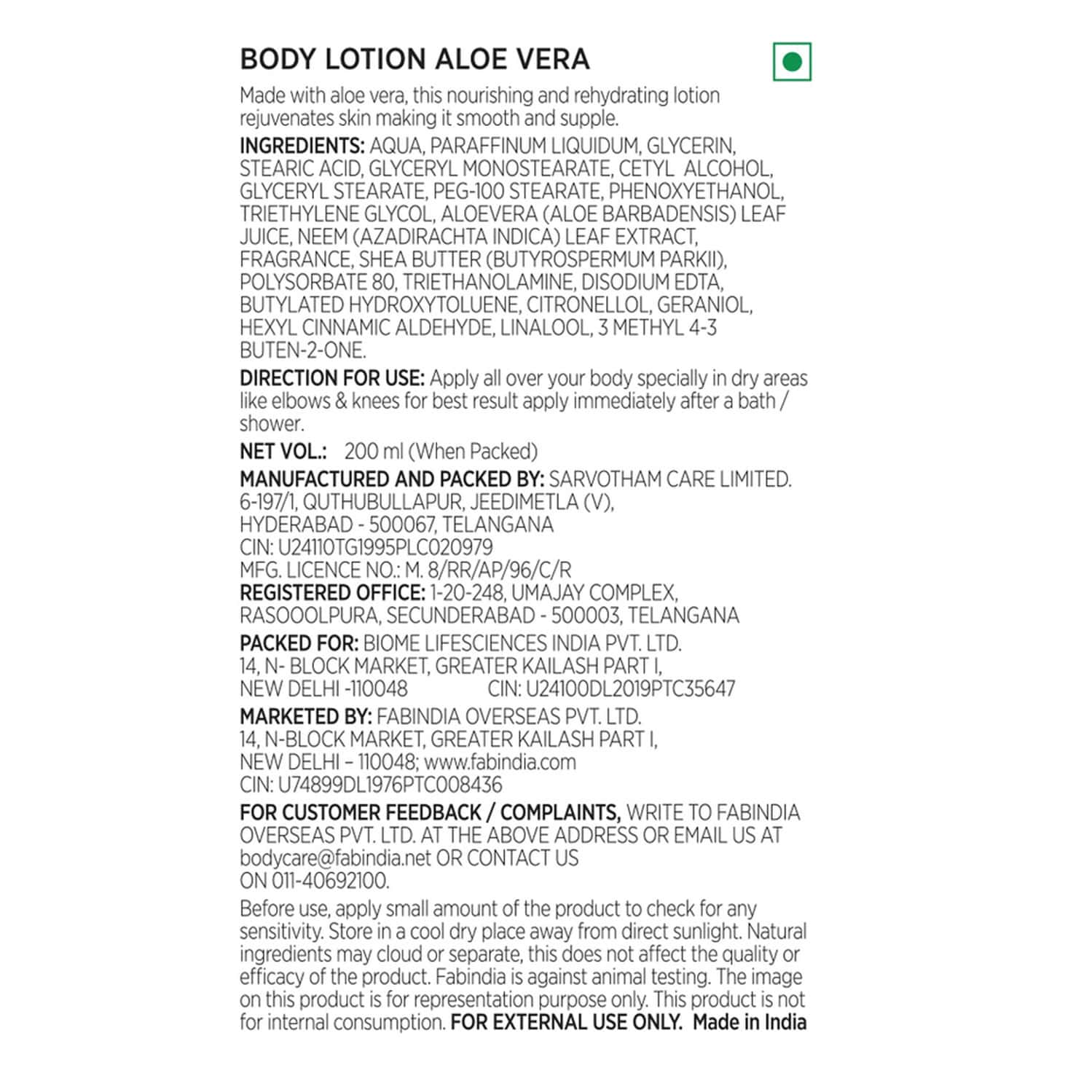 Buy FABINDIA ALOE VERA BODY LOTION 200ML Online & Get Upto 60 OFF at