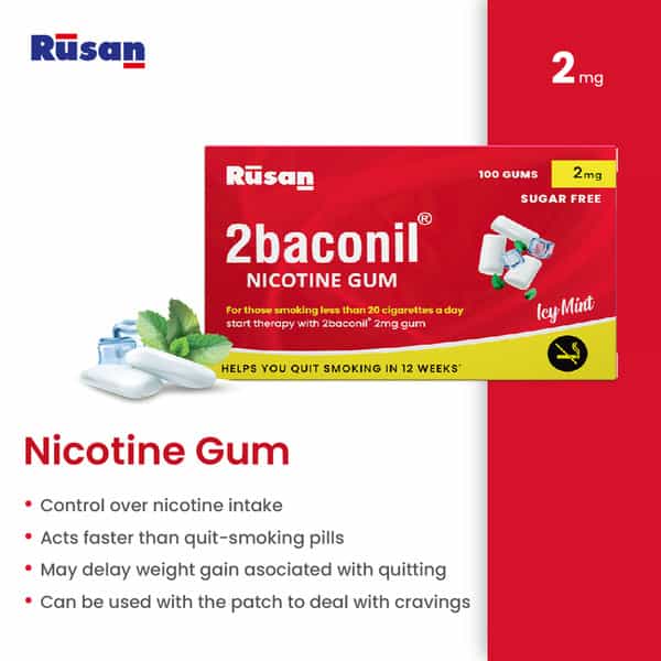 Rusan 2Baconil 2Mg | Ice Mint Flavour Sugar Free | Box | 100 Nicotine Gums | Pack Of 1