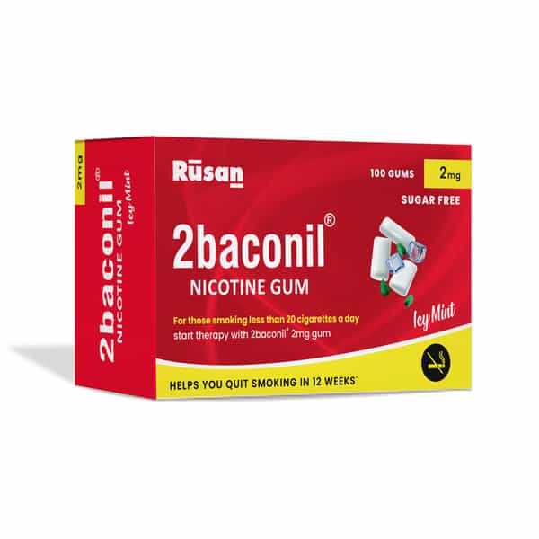 Rusan 2Baconil 2Mg | Ice Mint Flavour Sugar Free | Box | 100 Nicotine Gums | Pack Of 1