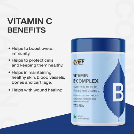 Myfitfuel B Complex + Vitamin C (90 Capsules) 100% Rda. Hair Growth, Energy, Immunity, Youthful Skin