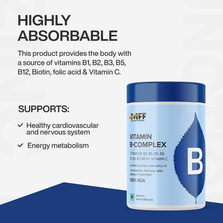 Myfitfuel B Complex + Vitamin C (90 Capsules) 100% Rda. Hair Growth, Energy, Immunity, Youthful Skin