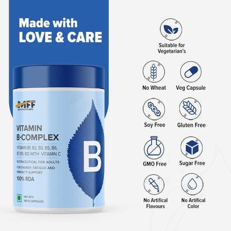 Myfitfuel B Complex + Vitamin C (90 Capsules) 100% Rda. Hair Growth, Energy, Immunity, Youthful Skin