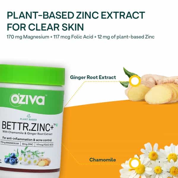 Oziva Plant Based Bettr.zinc+ For Anti-Inflammation & Acne Control Certified Vegan 60 Capsules