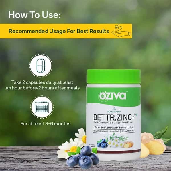 Oziva Plant Based Bettr.zinc+ For Anti-Inflammation & Acne Control Certified Vegan 60 Capsules