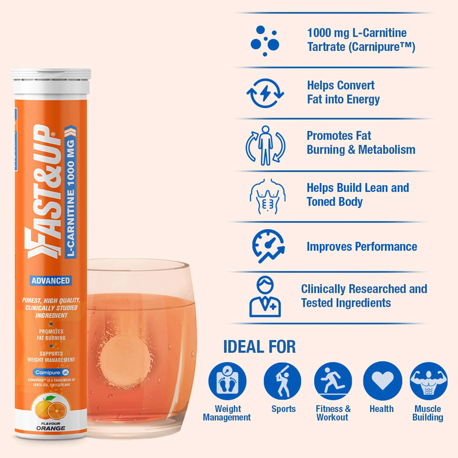 Buy FAST&UP LCARNITINE TARTRATE 1000MG HELPS BURN FAT ORANGE FLAVOUR A 20 TABLETS Online & Get