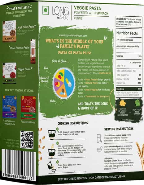 Long & Short Healthy Penne Pasta | Veggie - Spinach Pasta No Maida | Pack Of 2 - 500G (250Gx2)