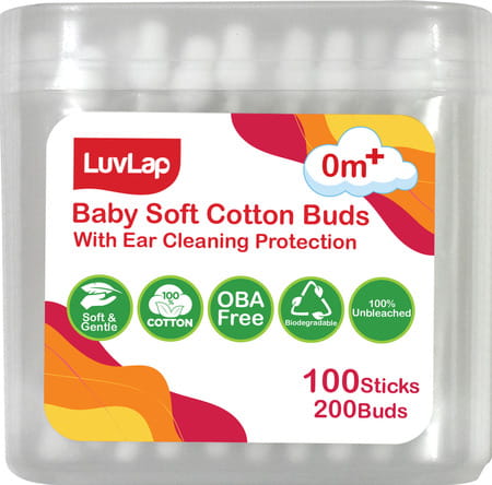 Luvlap Baby 100% Unbleached Cotton Buds Ear Drum Protection Stem Made Of Paper 100 Swabs
