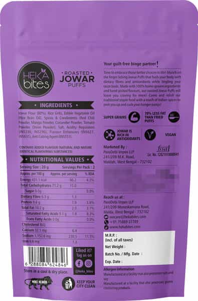 Heka Bites Roasted Jowar Puffs Majestic Masala - Pack Of 1 |Low Calorie Healthy & Diabetic Snacks