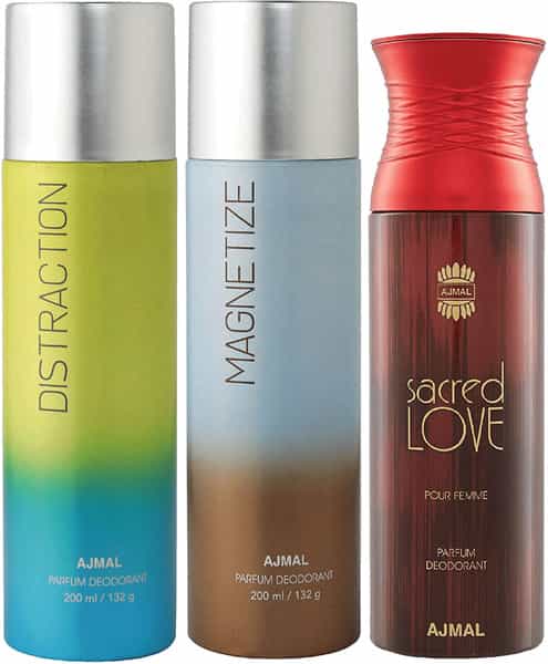 Ajmal Distraction & Magnetize For Unisex & Sacred Love For Women Deodorants Combo Pack Of 3