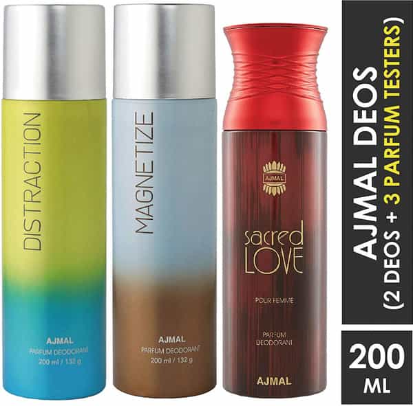 Ajmal Distraction & Magnetize For Unisex & Sacred Love For Women Deodorants Combo Pack Of 3