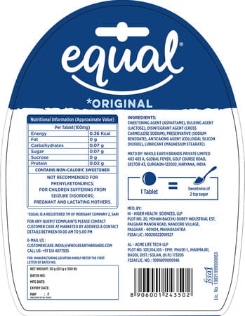 Equal Original Low Calorie Sweetener Sugar Free Low Calories Sugar Control 300 Tablets Pack Of 6